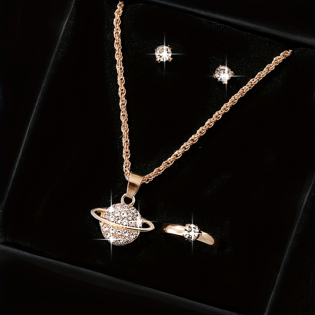 Set de 4 Piezas de Joyería: Collar, Pendientes y Anillo con Detalles de Vidrio