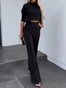 Conjunto de Dos Piezas: Top de Manga Corta con Cuello Redondo y Pantalones Rectos de Cintura Alta Luxeira