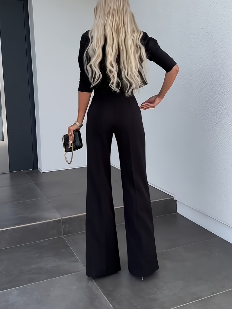 Conjunto de Dos Piezas: Top de Manga Corta con Cuello Redondo y Pantalones Rectos de Cintura Alta Luxeira