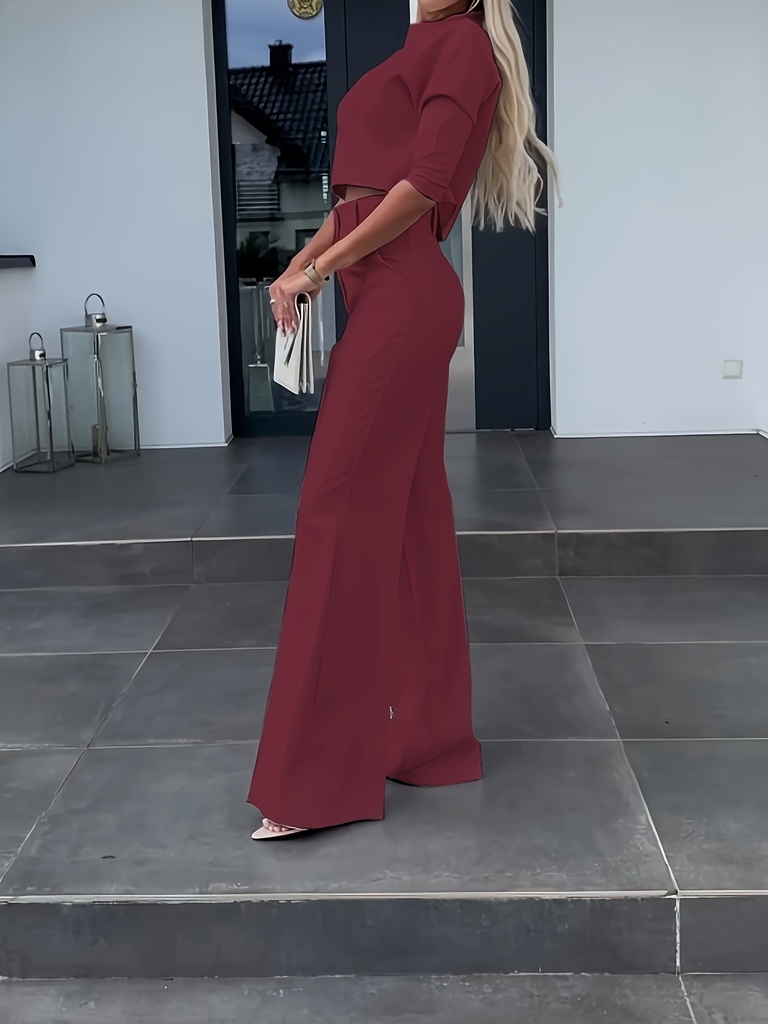 Conjunto de Dos Piezas: Top de Manga Corta con Cuello Redondo y Pantalones Rectos de Cintura Alta Luxeira