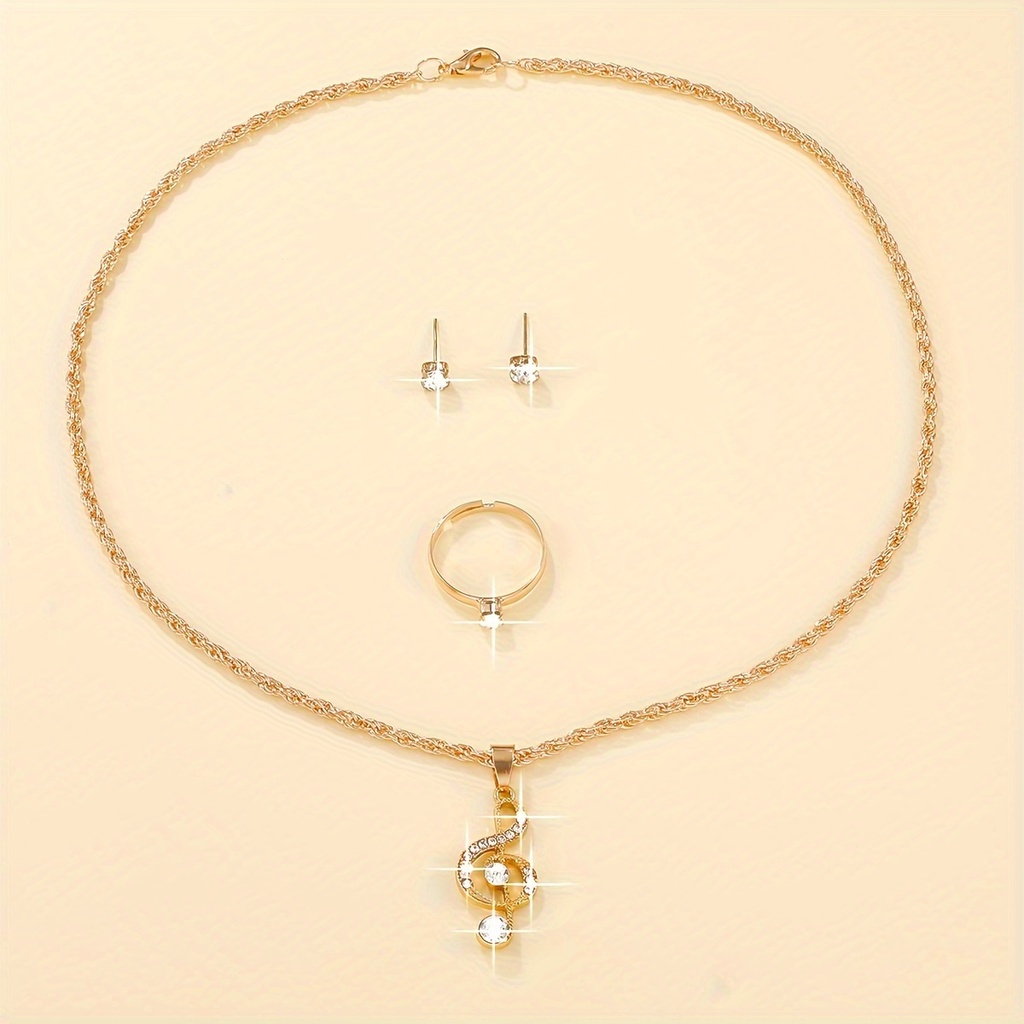 Set de 4 Piezas de Joyería: Collar, Aretes y Anillo con Detalle de Nota Musical