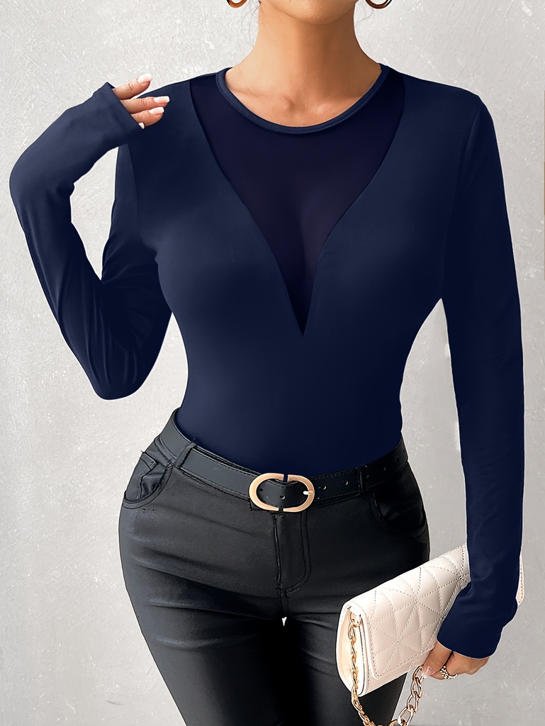 Top Ajustado de Manga Larga con Cuello Pronunciado y Malla Luxeira