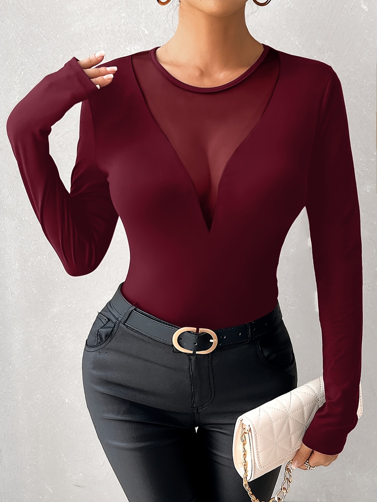 Top Ajustado de Manga Larga con Cuello Pronunciado y Malla Luxeira