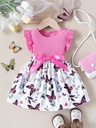 Vestido de Manga Corta con Estampado de Mariposa y Cinturón Luxeira
