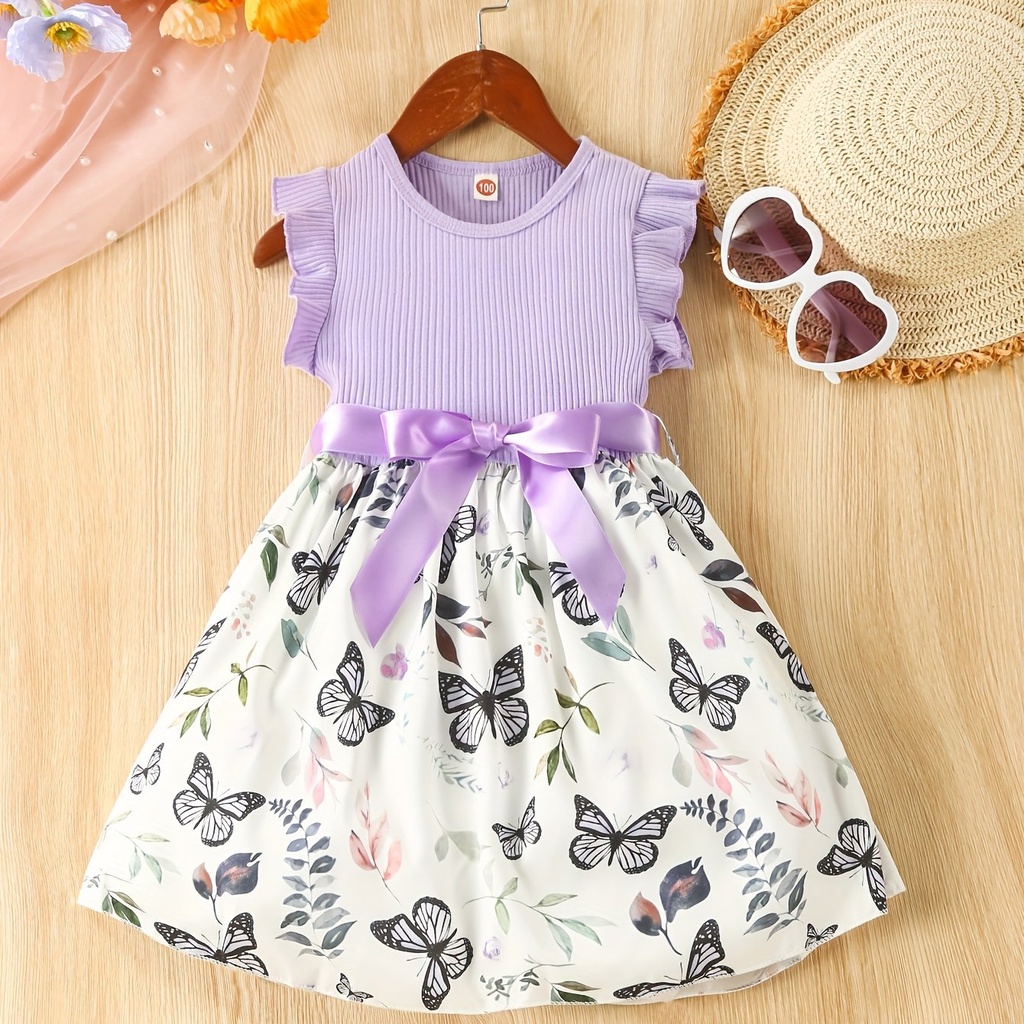 Vestido de Manga Corta con Estampado de Mariposa y Cinturón Luxeira