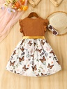 Vestido de Manga Corta con Estampado de Mariposa y Cinturón Luxeira