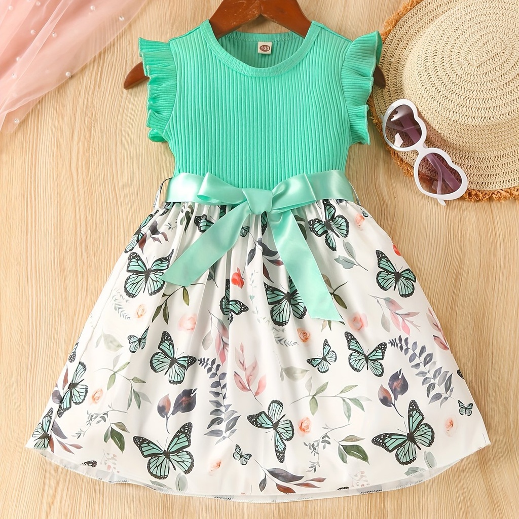 Vestido de Manga Corta con Estampado de Mariposa y Cinturón Luxeira