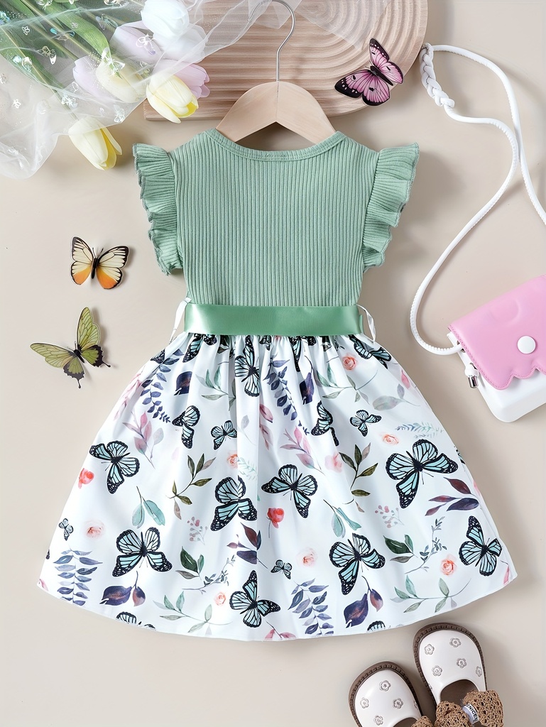 Vestido de Manga Corta con Estampado de Mariposa y Cinturón Luxeira