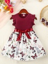 Vestido de Manga Corta con Estampado de Mariposa y Cinturón Luxeira
