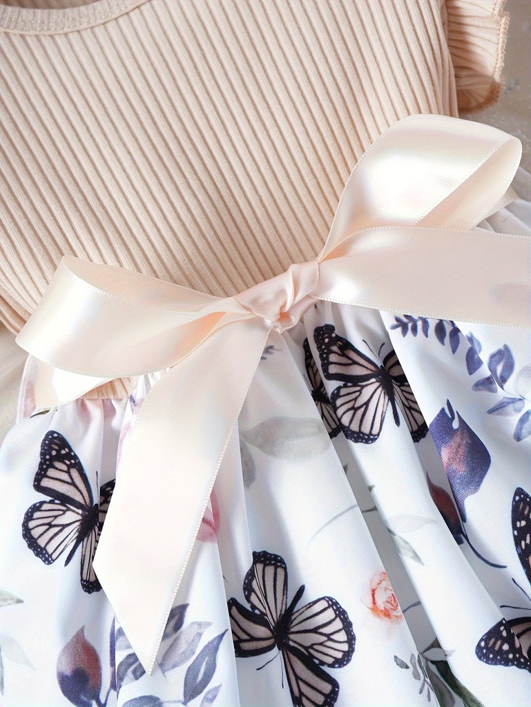 Vestido de Manga Corta con Estampado de Mariposa y Cinturón Luxeira
