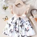 Vestido de Manga Corta con Estampado de Mariposa y Cinturón Luxeira