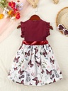 Vestido de Manga Corta con Estampado de Mariposa y Cinturón Luxeira