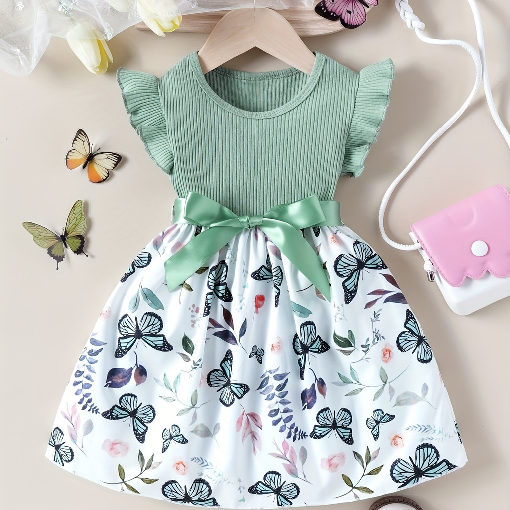 Vestido de Manga Corta con Estampado de Mariposa y Cinturón Luxeira