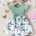 Vestido de Manga Corta con Estampado de Mariposa y Cinturón Luxeira