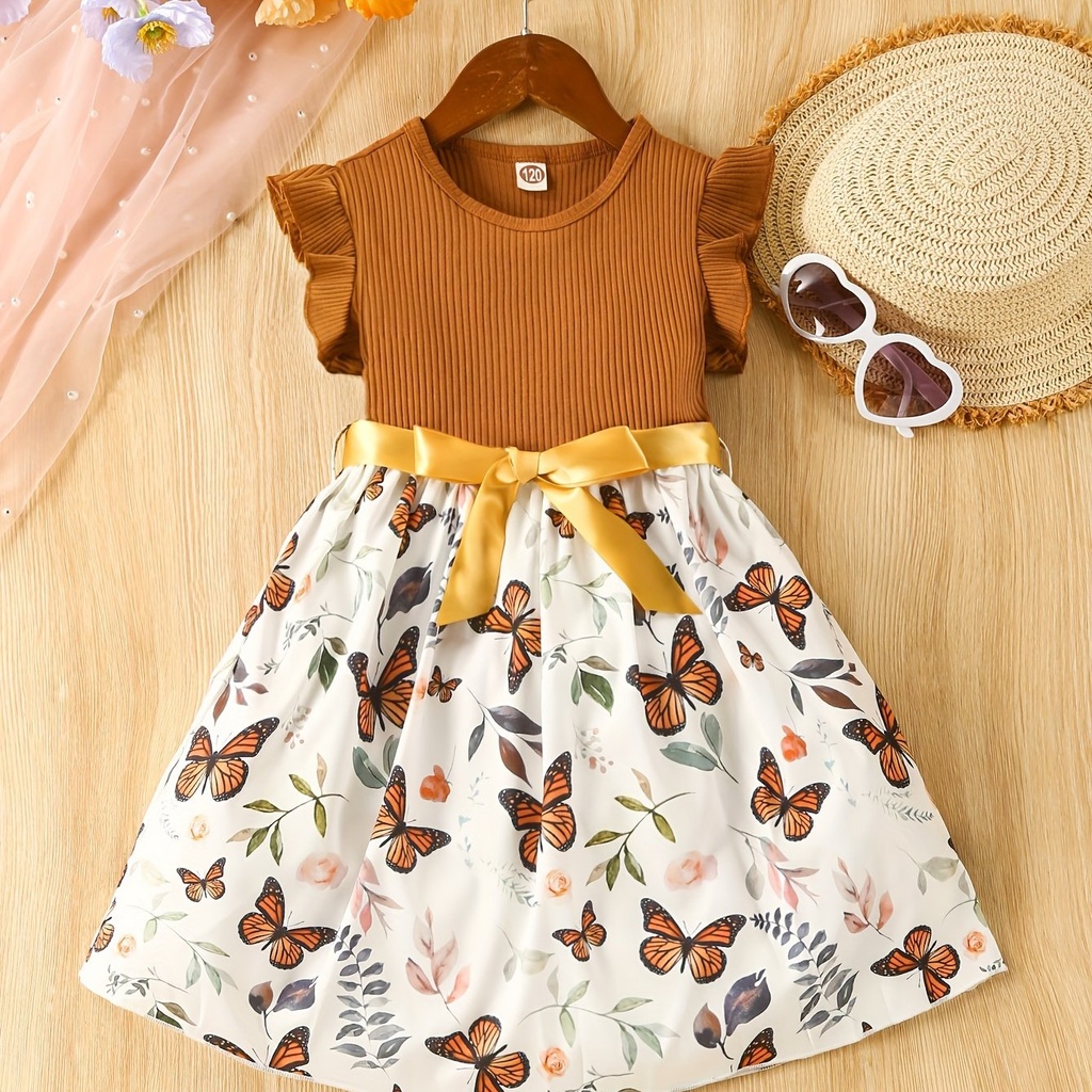 Vestido de Manga Corta con Estampado de Mariposa y Cinturón Luxeira