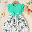 Vestido de Manga Corta con Estampado de Mariposa y Cinturón Luxeira
