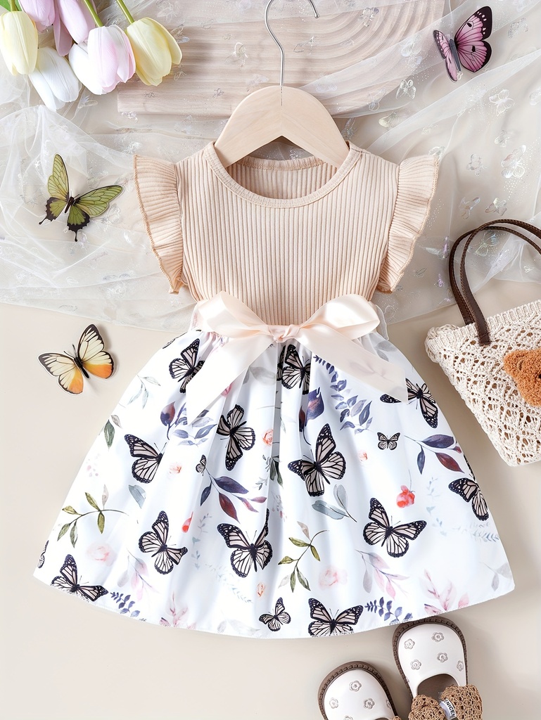 Vestido de Manga Corta con Estampado de Mariposa y Cinturón Luxeira