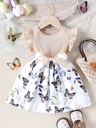 Vestido de Manga Corta con Estampado de Mariposa y Cinturón Luxeira