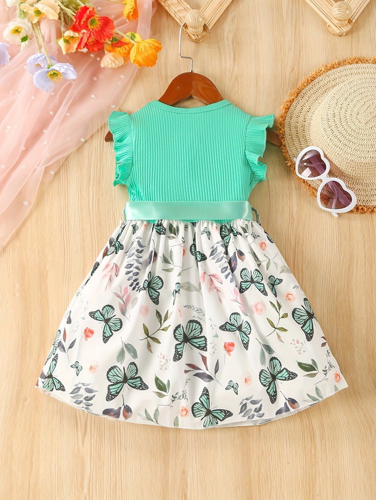 Vestido de Manga Corta con Estampado de Mariposa y Cinturón Luxeira