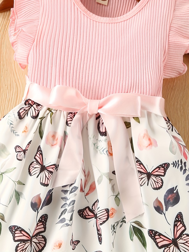 Vestido de Manga Corta con Estampado de Mariposa y Cinturón Luxeira