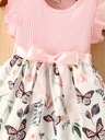 Vestido de Manga Corta con Estampado de Mariposa y Cinturón Luxeira