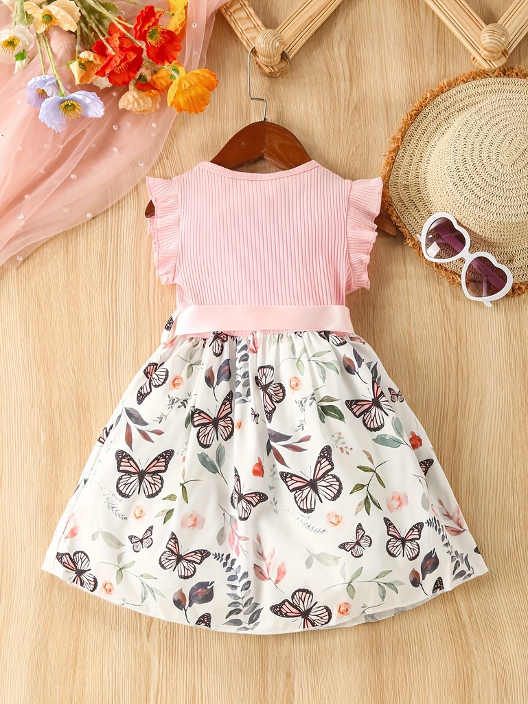Vestido de Manga Corta con Estampado de Mariposa y Cinturón Luxeira