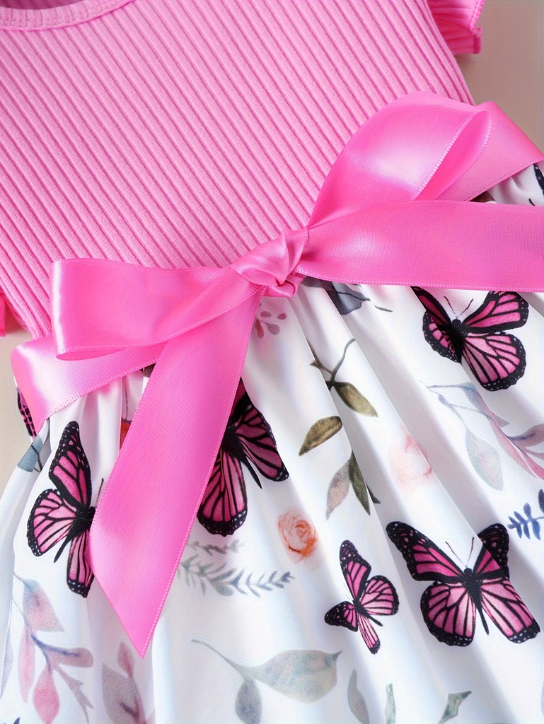 Vestido de Manga Corta con Estampado de Mariposa y Cinturón Luxeira