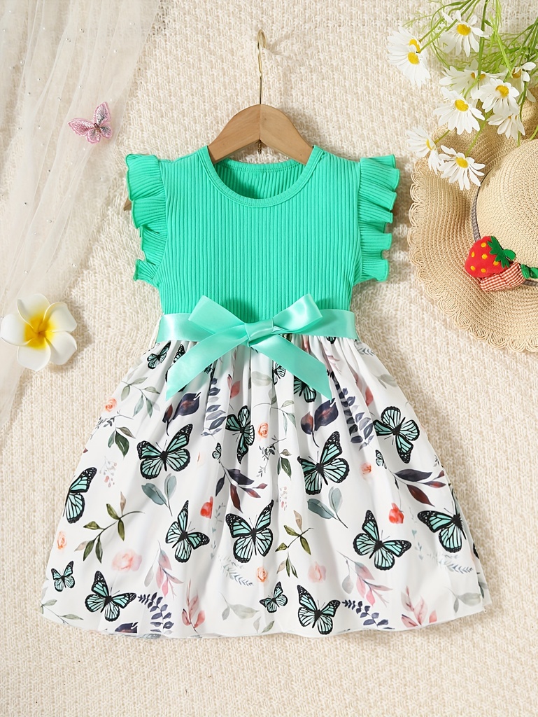 Vestido de Manga Corta con Estampado de Mariposa y Cinturón Luxeira