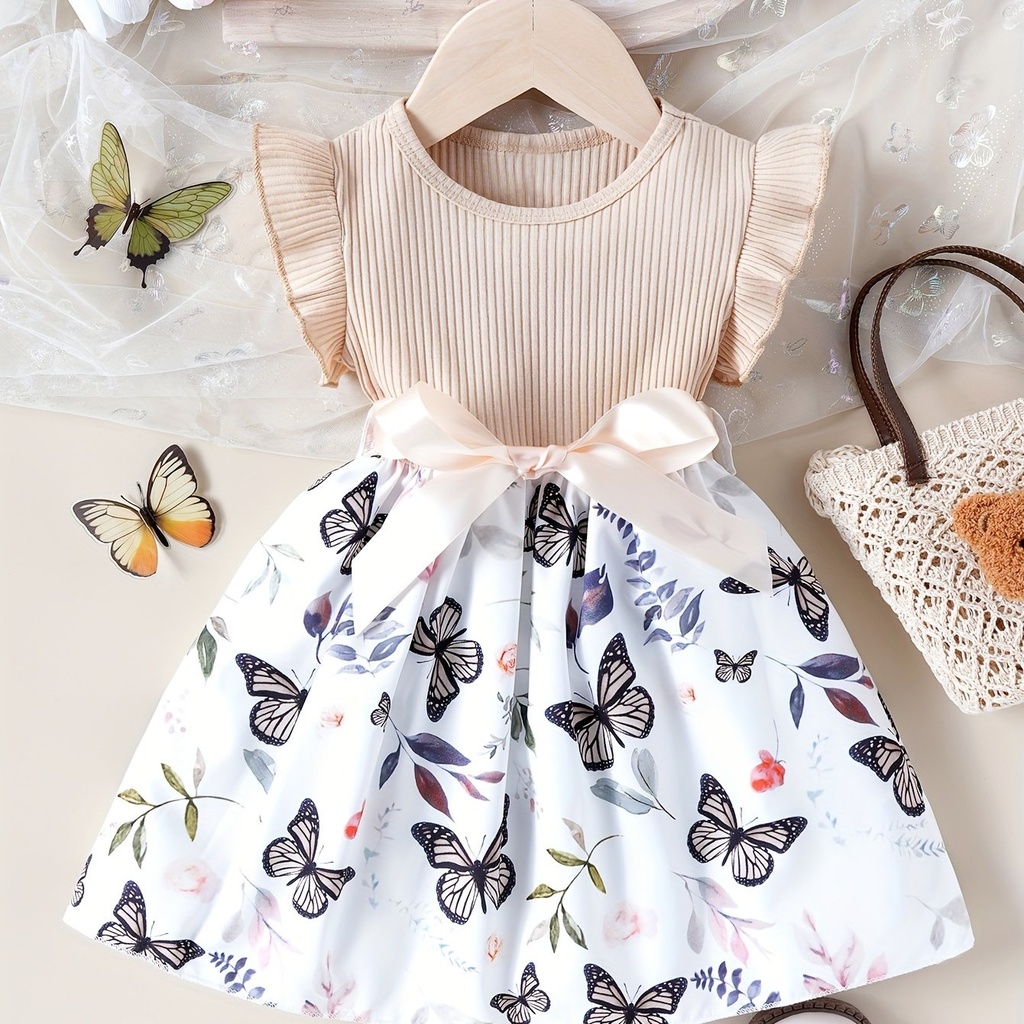 Vestido de Manga Corta con Estampado de Mariposa y Cinturón Luxeira