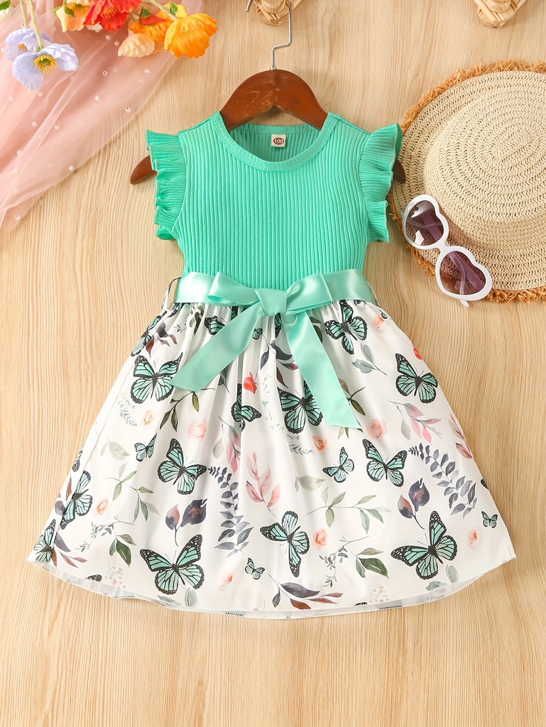Vestido de Manga Corta con Estampado de Mariposa y Cinturón Luxeira