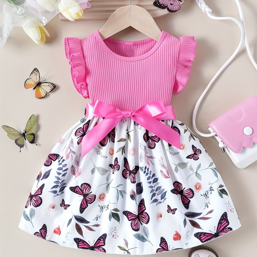 Vestido de Manga Corta con Estampado de Mariposa y Cinturón Luxeira