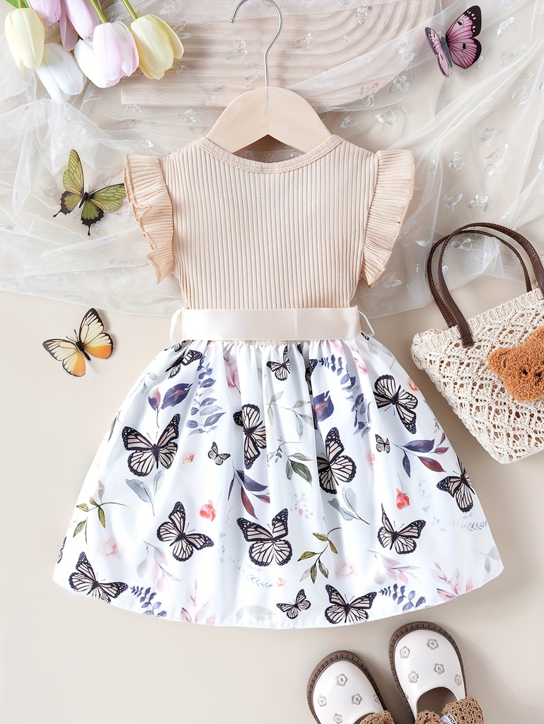 Vestido de Manga Corta con Estampado de Mariposa y Cinturón Luxeira