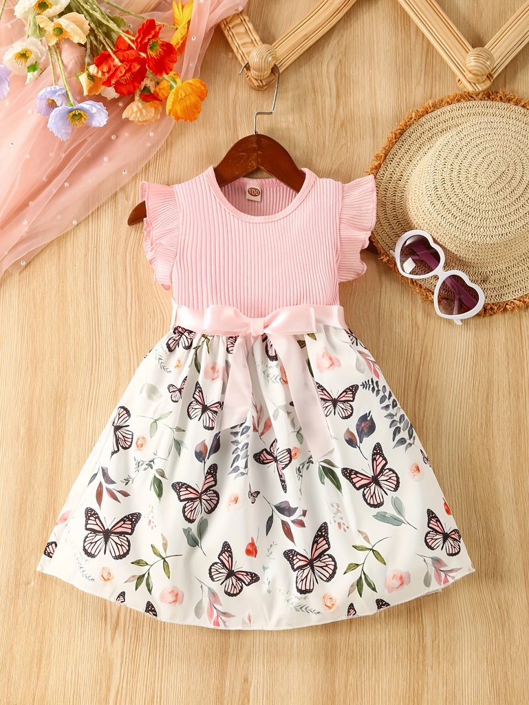 Vestido de Manga Corta con Estampado de Mariposa y Cinturón Luxeira