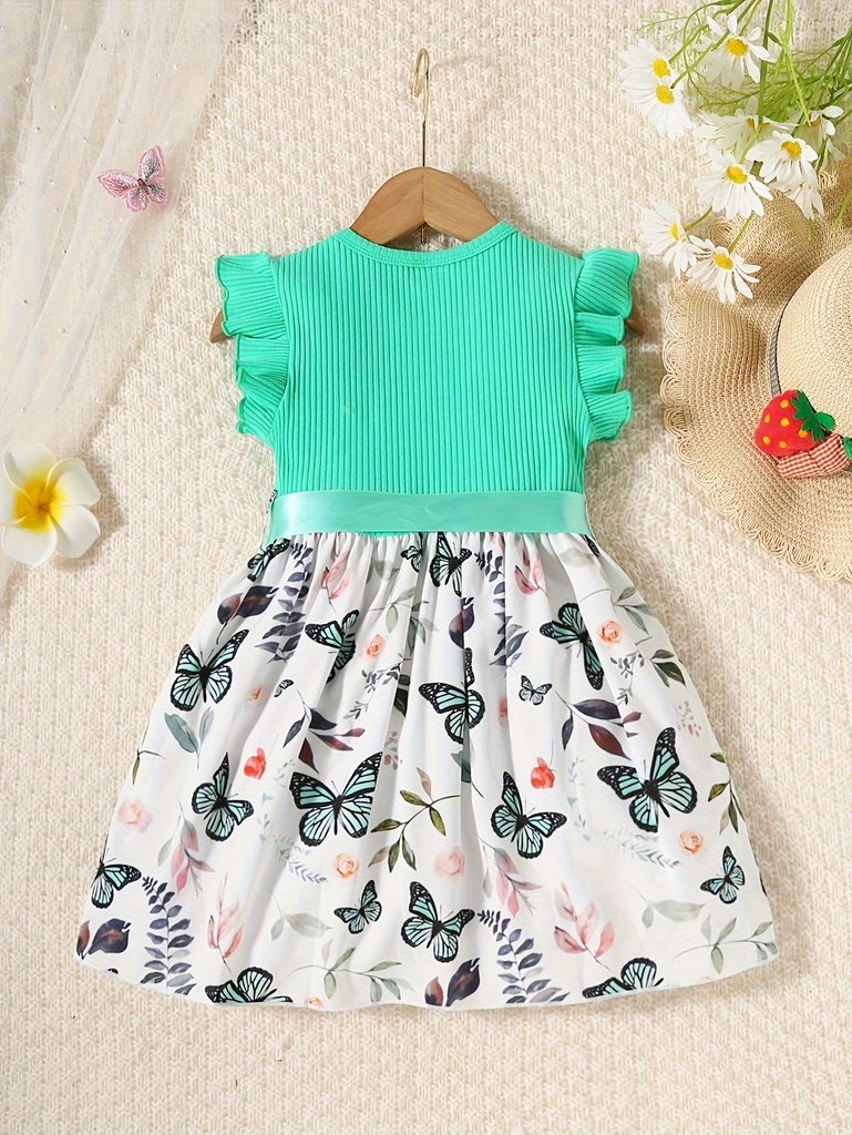 Vestido de Manga Corta con Estampado de Mariposa y Cinturón Luxeira