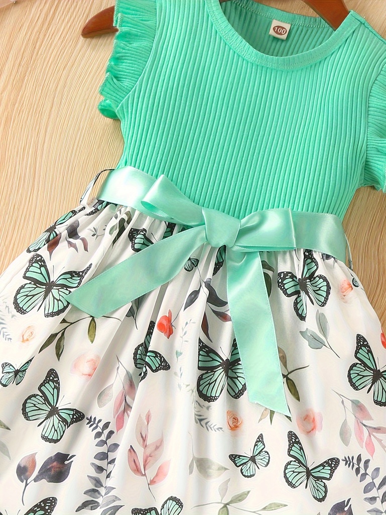 Vestido de Manga Corta con Estampado de Mariposa y Cinturón Luxeira