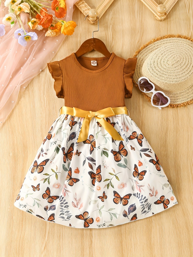 Vestido de Manga Corta con Estampado de Mariposa y Cinturón Luxeira