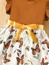 Vestido de Manga Corta con Estampado de Mariposa y Cinturón Luxeira