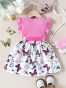Vestido de Manga Corta con Estampado de Mariposa y Cinturón Luxeira
