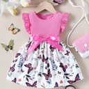 Vestido de Manga Corta con Estampado de Mariposa y Cinturón Luxeira