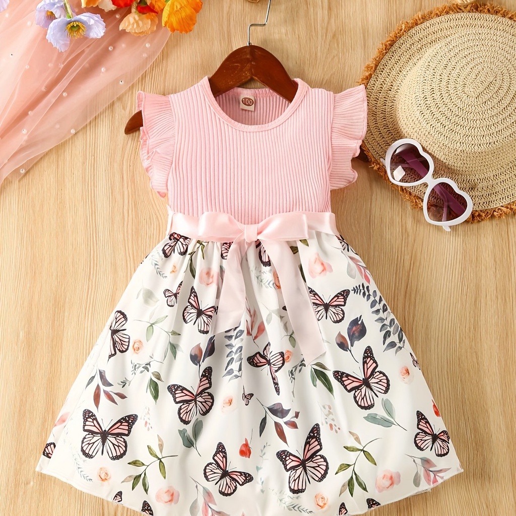 Vestido de Manga Corta con Estampado de Mariposa y Cinturón Luxeira