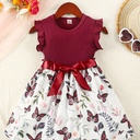Vestido de Manga Corta con Estampado de Mariposa y Cinturón Luxeira