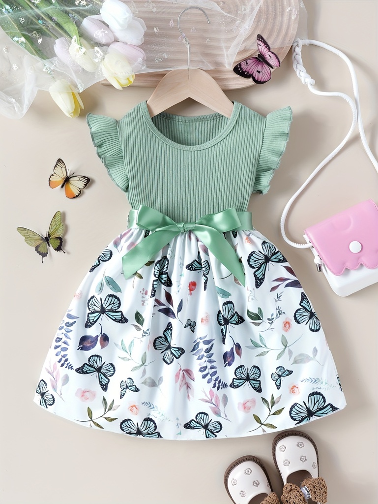 Vestido de Manga Corta con Estampado de Mariposa y Cinturón Luxeira