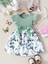 Vestido de Manga Corta con Estampado de Mariposa y Cinturón Luxeira