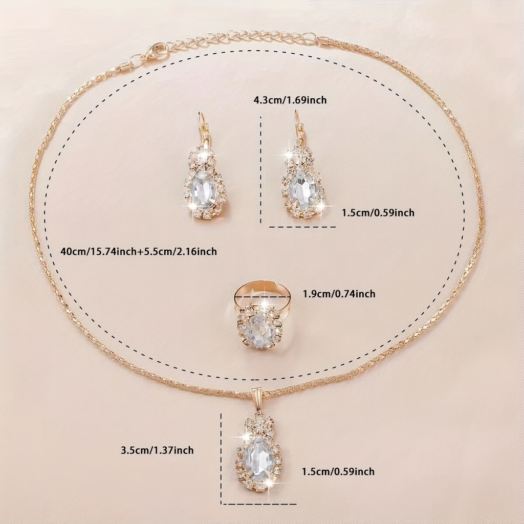 Set de 4 Piezas de Joyería Colgante Ovalada: Collar, Anillo y Pendientes
