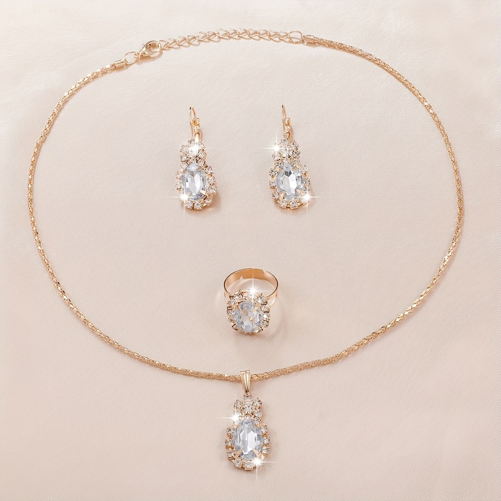 Set de 4 Piezas de Joyería Colgante Ovalada: Collar, Anillo y Pendientes