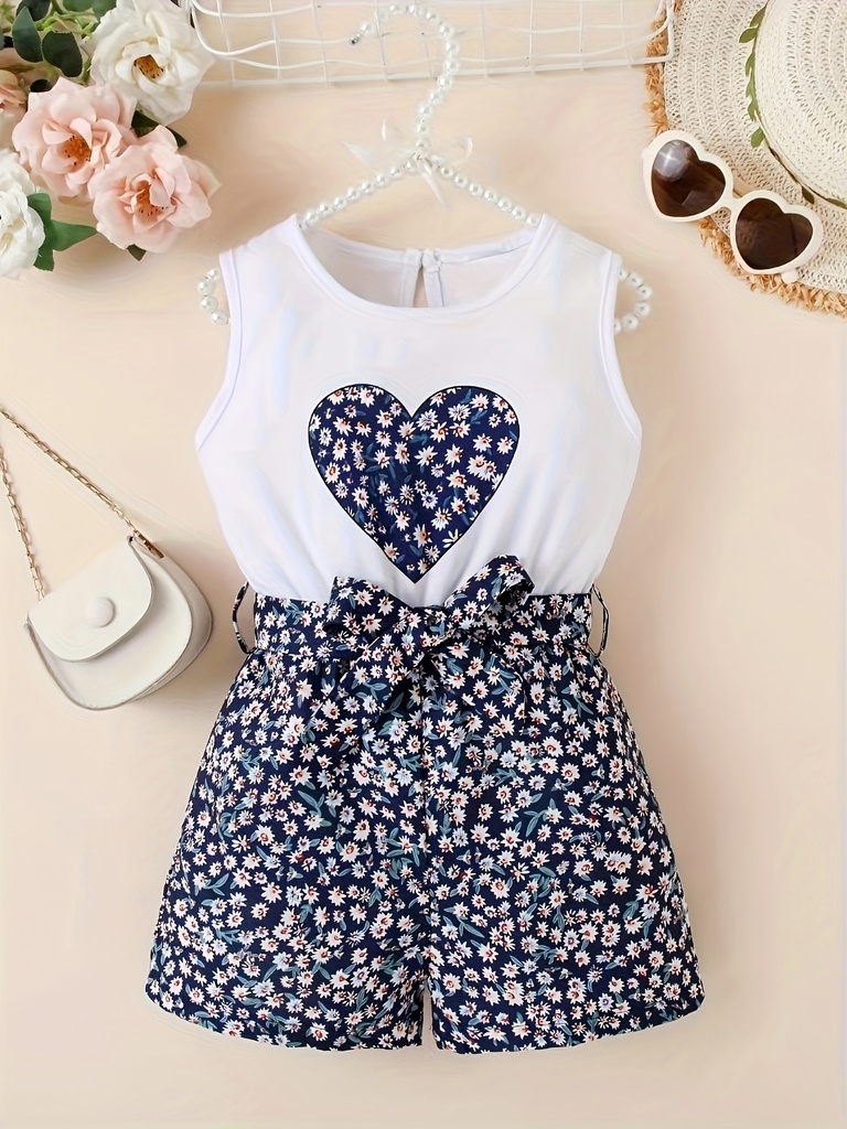 Enterizo Floral Sin Mangas con Estampado de Corazón Luxeira