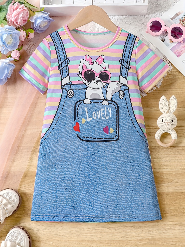 Vestido de Rayas con Estampado de Gatos y Tirantes Luxeira