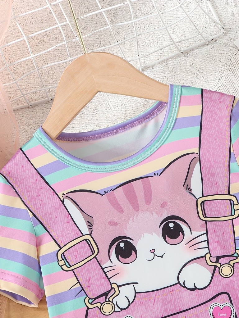 Vestido de Rayas con Estampado de Gatos y Tirantes Luxeira