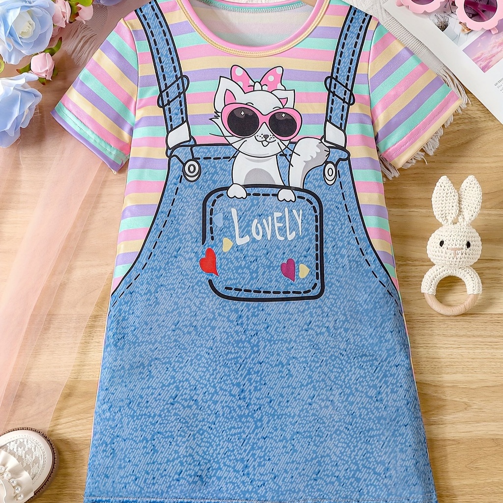 Vestido de Rayas con Estampado de Gatos y Tirantes Luxeira
