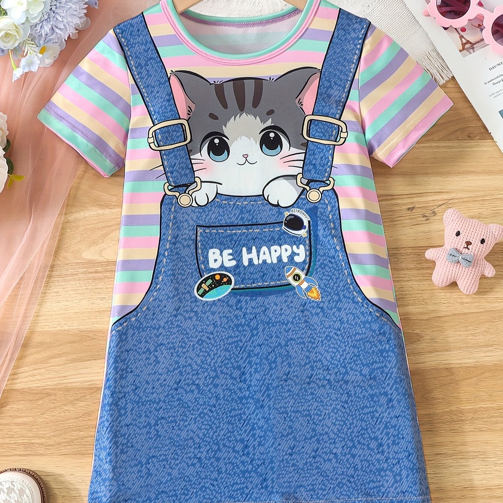 Vestido de Rayas con Estampado de Gatos y Tirantes Luxeira